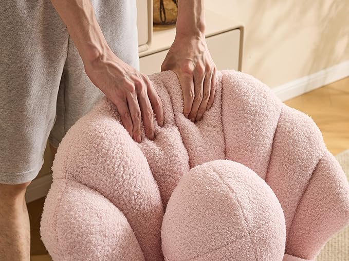 VINGLI Shell-Shaped Teddy Fleece Accent Vanity Chair with BackComfy Pink and Gold Desk Chair No WheelsCute Small Pearl Deco PillowGift for Girls/Womenfor MakeupOfficeDiningNailSewingBedroom