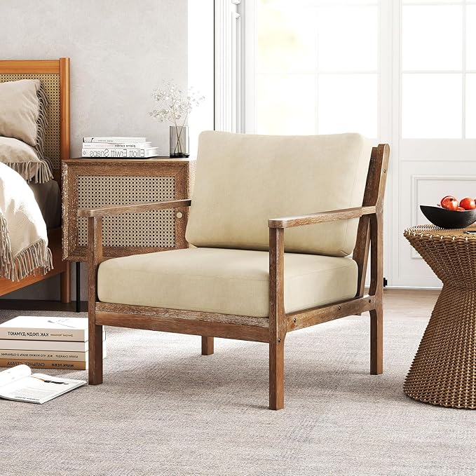 GOFLAME Mid-Century Modern Accent Chair Upholstered Armchair with Solid Wood Frame Linen Fabric Comfy Reading Chair Farmhouse Leisure Chair for Living Room Bedroom Sunroom Hosting Room
