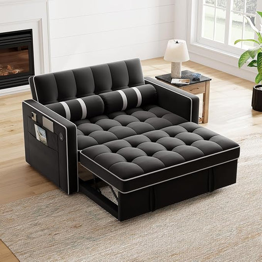 Marsail 3-in-1 Convertible Futon Sleeper Sofa Bed Pull Out Couch with Adjustable Backrest USB Charging &amp Side Pockets Velvet Fabric Sofa for Living Room Apartment Loveseat Black