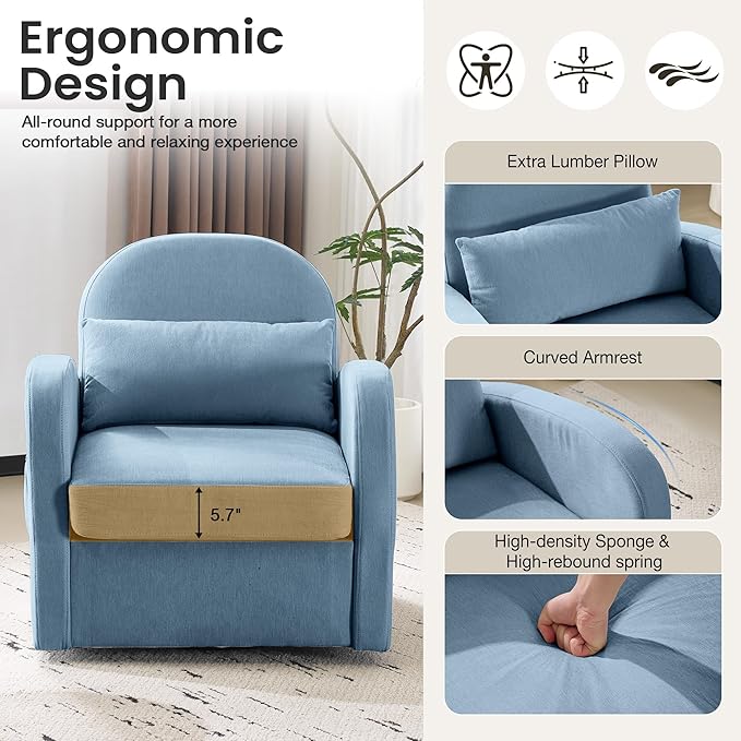 MELLCOM Oversized Swivel Accent Chair with Hidden Storage Comfy Chenille Fabric Upholstered Leisure Armchair with Lumbar Pillow and Side Pocket for Living Room Bedroom Reception Room and Office