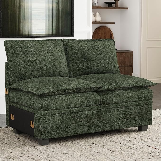 Belffin Double Seat Module 2-Seater Sofa with Storage for Chenille Modular Sectional Sleeper Sofa Pullout Couch Green