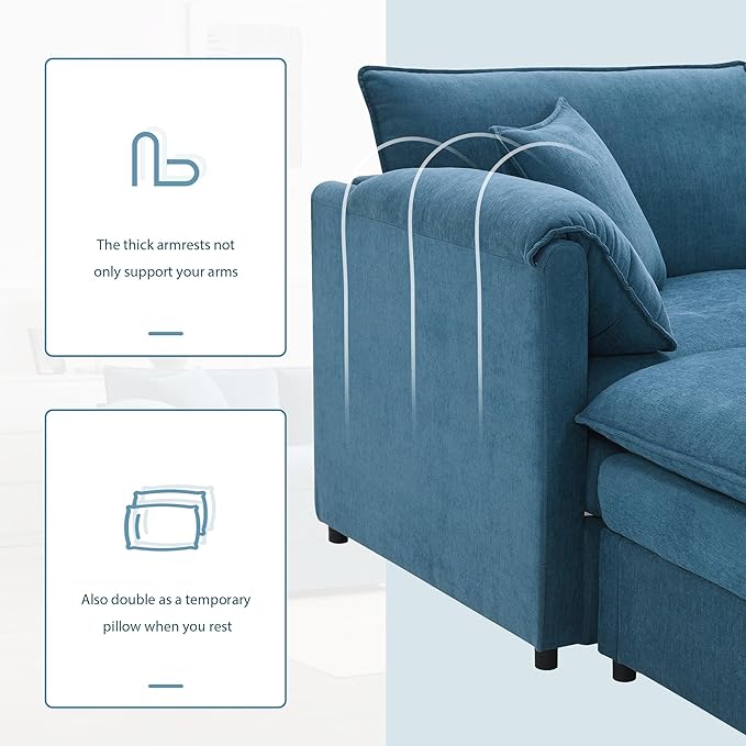 Modular Sectional Sofa 103.5 Inch L Shaped Couch for Living Room 4-Seater Comfy Chenille Cloud Couches with Movable Ottoman (Light Blue)