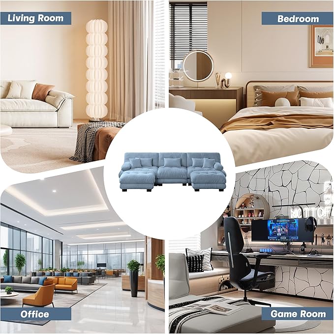 Cloud Couch 133.8“ Sectional Couches for Living Room Oversize Deep Seat U Shaped Couch Chenille Fluffy 3 Seats Sofa with 2 Ottomans Blue