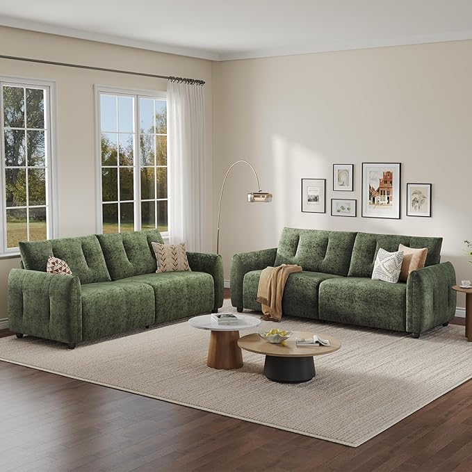 84.5 Inch Loveseat SofaModern Couch and SofaFeather-tip armrest DesignSturdy and Easy InstallationSmall Sofa for Living Room Bedroom Office and ApartmentChenille FabricGreen