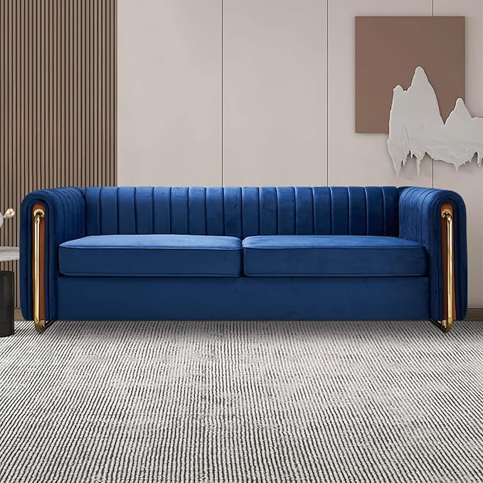 kevinplus 84.2'' Velvet Chesterfield Sofa Couch for Living Room Modern Luxury 3-Seat Upholstered Sofa Couch for Apartment Bedroom Dorm Office Strong Gold Metal Legs (Channel Backrest Blue)