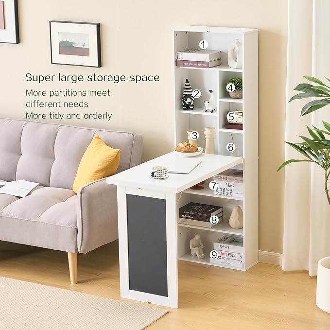 Folding Desk with StorageFoldable Convertible Writing table with Blackboard and ShelvesWall Mount Fold Out Table Cabinet  Space-Saving Murphy Desk Multi-Function Home Office Workstation (White)