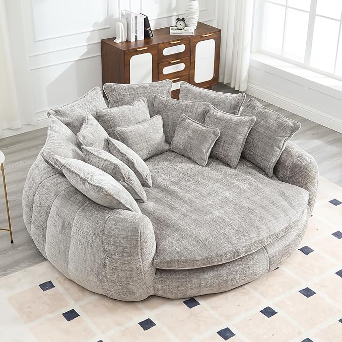 81.1 Oversized Round Chaise Lounge Chair Extra-Wide 2-Person Accent Chair with 14 Pillows Comfy Cloud Sleeper Sofa for Living Room (Grey)