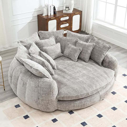 81.1 Oversized Round Chaise Lounge Chair Extra-Wide 2-Person Accent Chair with 14 Pillows Comfy Cloud Sleeper Sofa for Living Room (Grey)