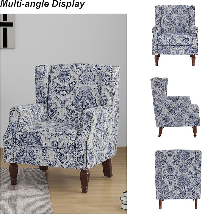Floral High Back Accent Chair Upholstered Armchair with Solid Wood Legs Comfy Wingback Reading Single Sofa Chair for Small Spaces Living Room Bedroom(Floral Navy Blue Set of 2)