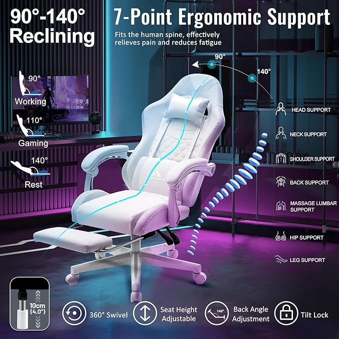White Gaming ChairErgonomic Massage Computer Office Desk Chair with FootrestPocket Spring CushionReclining Leather Adjustable Gamer Chair with Headrest and Lumbar SupportWhite