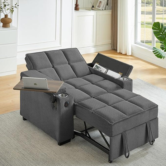 Large Size Convertible Sleeper Chair Futon Sofa Bed Comfortable thick cushion Single Sleeper Sofa Handheld storage and Adjustable Backrest | Reading Chair with Rotating small table (dark gray)