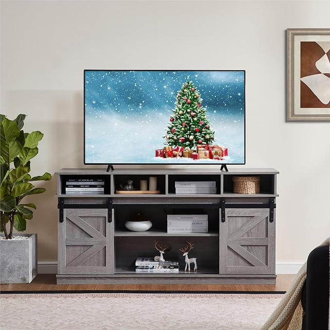 TV Stand for Living Room - Entertainment Center with Storage - Fits 65 Inch TV - Traditional American Country Style TV Cabinet - Media Console - Barn Door TV StandGrey.