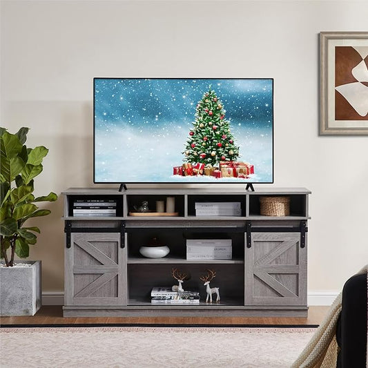 TV Stand for Living Room - Entertainment Center with Storage - Fits 65 Inch TV - Traditional American Country Style TV Cabinet - Media Console - Barn Door TV StandGrey.