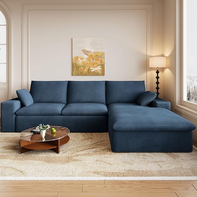 107 Cloud Couch Modular Sectional Couchs with Chaise Lounge L-Shape Boneless Couches for Living Room Corduroy Sofa with Deep Seat No Assembly Required (Blue Right Facing Chaise)