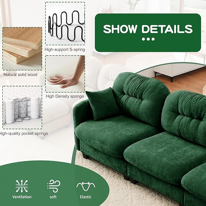 107 Modular Sectional Sofa Comfy U Shaped Cloud Couch with Ottoman Chenille Sofa Sleeper Deep Seat Sofas with Throw Pillows for Apartment-Green