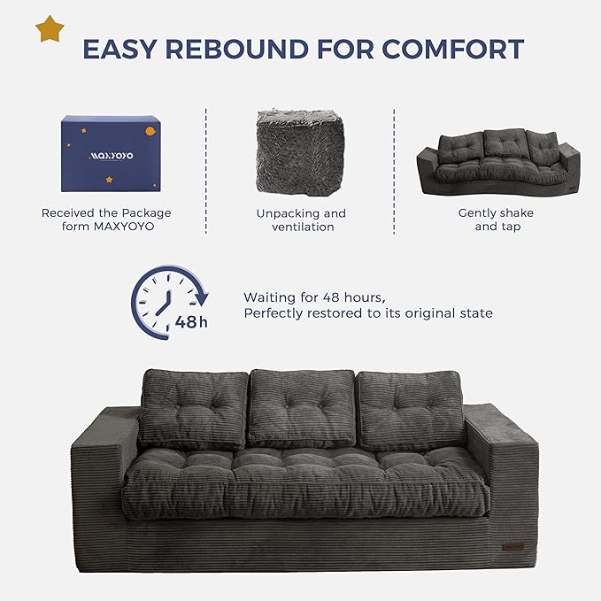 MAXYOYO 3 Seater Couch for Living Room Boneless Couch with Tufted Cushion &amp Backrest Upholstered Floor Sofa with Armrests Sofa in A Box No Assembly Required Dark Grey
