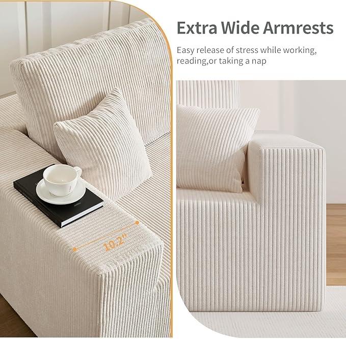 Boneless Cloud Sectional Couch for Living Room Compressed Modular L-Shaped Sofa with Deep Seat Frameless Corduroy Couch in Boxes No Assembly Required Beige Middle