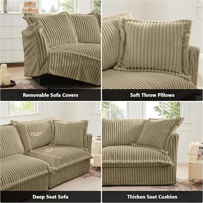 Modern Single Sofa Chair Set of 2 49 Slipcovered Armchairs Oversized Upholstered Accent Chairs Comfy Cloud Deep Seat Sofa with 2 Throw Pillows for Living Room Apartment Corduroy Camel