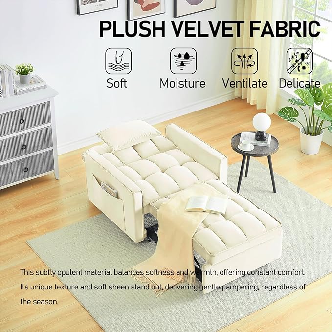 3 In 1 Velvet Convertible Sofa Bed Pull Out Couch Bed with Reclining Backrest And 2 Pillows 54 Full Size Loveseat Sleeper Sofa Futon Couch Bed Couches For Small Spaces Living Room (Cream White)