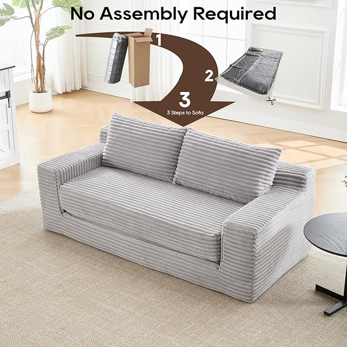 2-in-1 Loveseat Sofa with Pull-Out Bed 70.87 Sleeper Sofa with Comfy Cushions Corduroy Upholstered 2-Seater Cloud Sofa for Living Room Apartment and Small Spaces No Assembly (Light Grey)