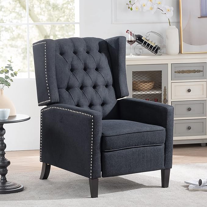 Black Fabric Recliner Chair for Adults Accent Wingback Chair Mid-Century Modern Recliner Tufted Chairs Living Room Armchair for Bedrooms Reading Recliner 27 Wide