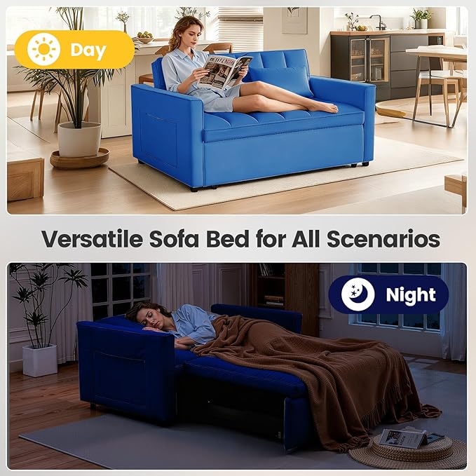 3 in 1 Sofa Bed Love Seat Sleeper Bed with Side Pockets Velvet Fabric Pull Out Couch with Adjustable Backrest for Living Room Bedroom Apartment Blue