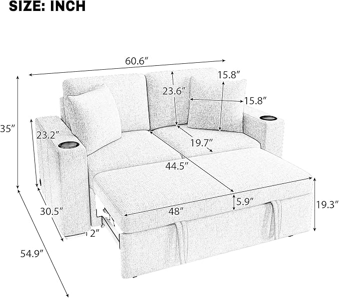 Convertible Pull-Out Sofa Bed 60.6 Modern Loveseat Sofa with Dual Cup Holders Removable Throw Pillows Chenille Fabric 2-Seater Sofa Chair for Living Room (Gray044)