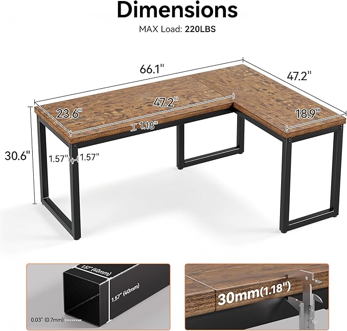 L Shaped Desk 66 Inch Gaming Desk with 1.18 Inch Thicker Desktop Corner Computer Desk Home Office Desk Study Writing Work Desk Metal Frame Rustic Brown