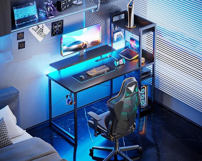 ODK Reversible Gaming Desk LED Lights 40 Inch Computer Desk with Storage Shelves &amp Monitor Stand Study Table for Home Office Small Space Bedroom Carbon Fiber Black