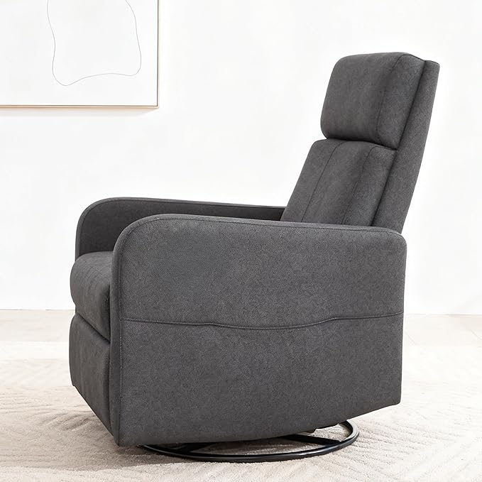 Swivel Rocking Recliner Chair for Adults Upholstered Fabric Glider Recliner Reclining Chair with Side Pockets and Double-Thick Cushion for Living Room Bedroom Nursery (Grey)