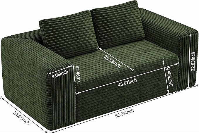 63 2 Seater Boneless Sofa Cloud Loveseat Sofa in A Box for Living Room Corduroy Couch Memory Foam Couch No Assembly Needed Floor Sofa Lounge for Living Room Bedroom Green