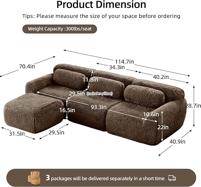 Boneless Couch Sectional Couches for Living Room 114.7'' L Shaped Modular Sectional Sofa with Ottoman Comfy Plush Cloud Couch with Deep Seat Oversized 3-Seater Modular Couches Brown