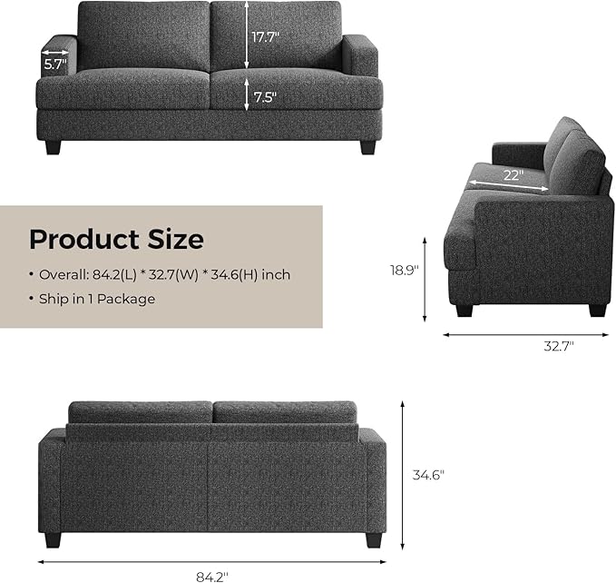 84 Inch Sofa with Extra Deep Seats Oversize Linen Fabric 2 Seater Sofa for Living RoomModern Couch and Loveseat Comfy Armrests and Seats and Backrests Easy Installation Dark Gray