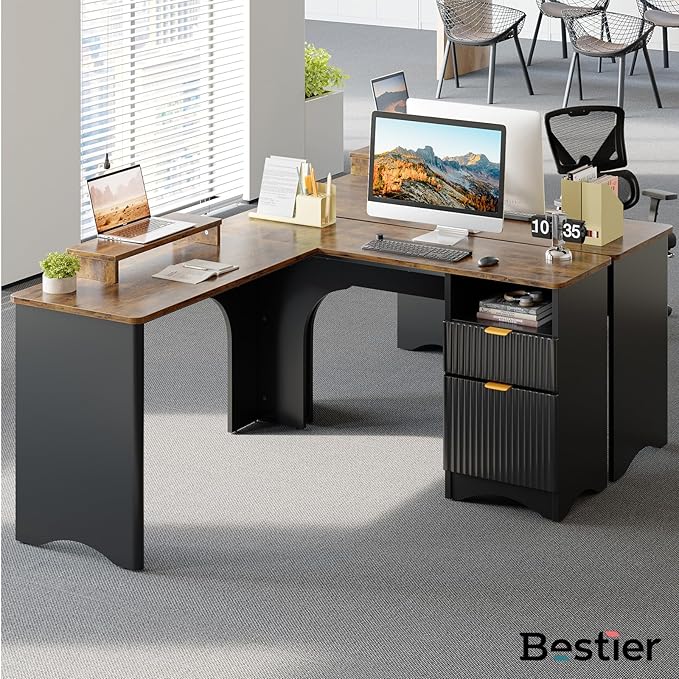Bestier L Shaped Desk with File Drawer 55.7 x 55 Office Computer Desk with Round Corners Modern Desk with Monitor Stand &amp Fluted Panels for Home Office Black &amp Rustic Brown