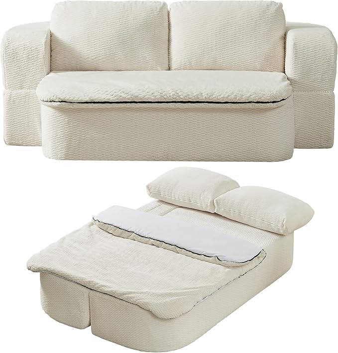 74.8 Inch Convertible Sleeper Sofa Bed Compressed Loveseat Sofa Folding Floor Mattress with Pillows and Blanket Small Couches for Living Room Bedroom Lounge No Assembly Required (Beige)