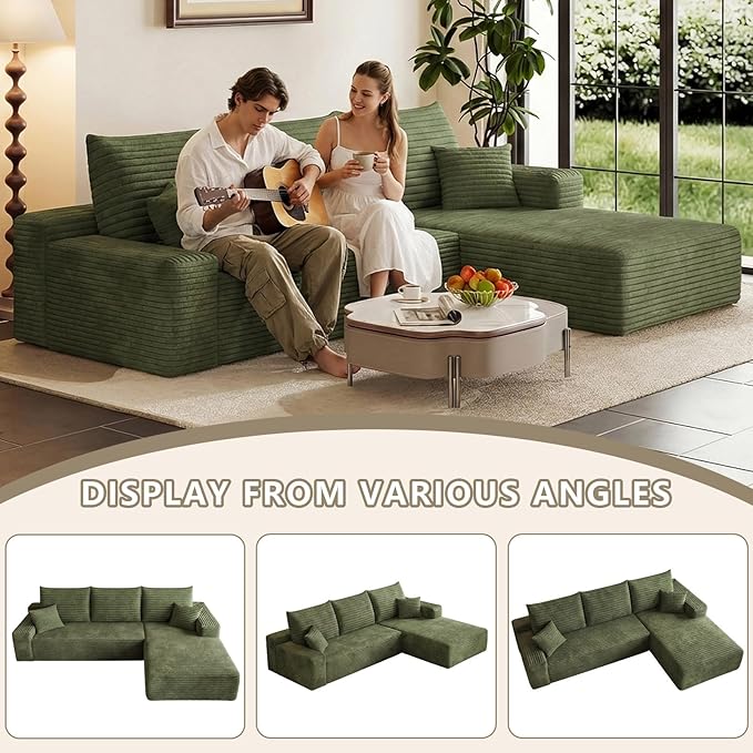 95 Modular Sectional Sofa Cloud Sectional Couch with Deep Seat Corduroy Boneless Couch with L-Shape Sofa for Living Room No Assembly Required(Green Right Facing Chaise)