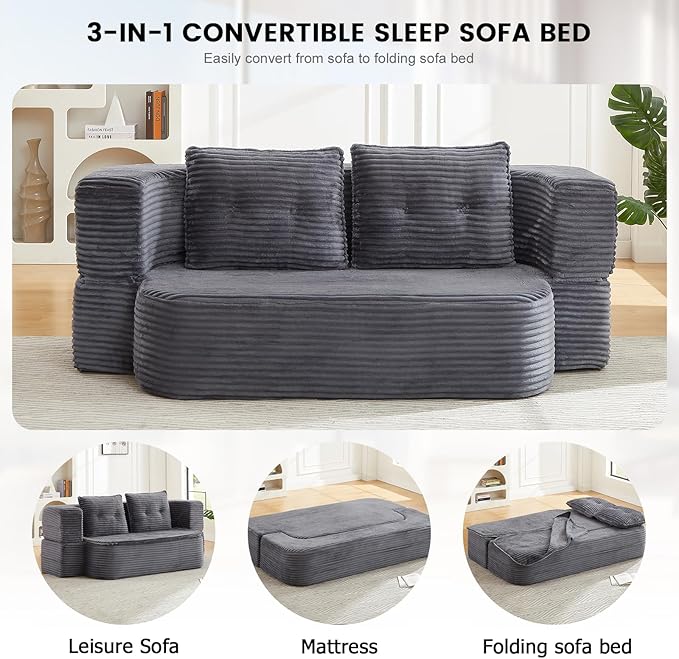 78.4 Convertible Sleeper Sofa Bed Floor Couch Loveseat with Functional Blanket and 2 Soft PillowsCorduroy Fabric Boneless Futon Couch for Living RoomBedroomApartment (Dark Grey)