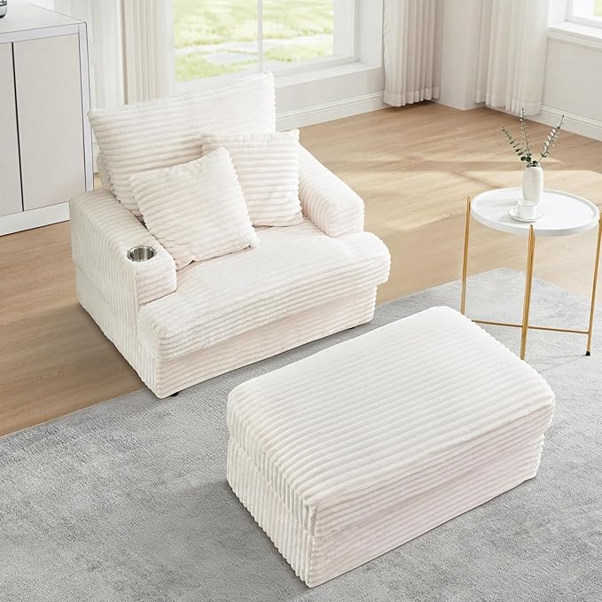 Chaise Lounge Chair Indoor 39 W Plush Corduroy Oversized Chair with Ottoman Upholstered Cozy Chaise with Cup Holder Modern Deep Seat Comfy Sofa Armchair for Living Room Bedroom(White)