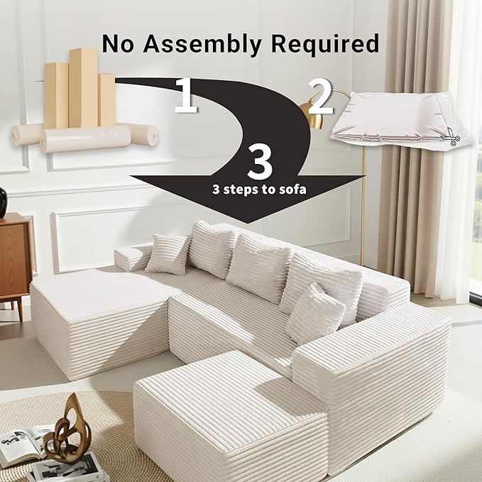 Claiks 110 Boneless Couch Cloud Couch Sectional U-Shape Corduroy Modular Sectional Sofa Deep Seat Upholstered Couches for Living Room No Assembly Required Beige