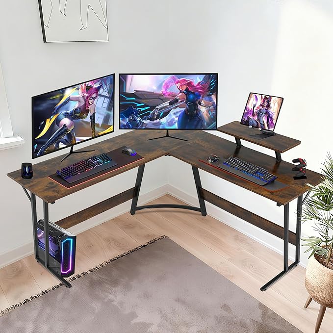 Bigacc L Shaped Gaming Desk 50 Corner Desk Spacious Dual Tops P2 Particleboard Metal Z-Legs Adjustable Non-Slip Pads Scratch/Waterproof Multi-Use Home Office/Game Room/Dorm