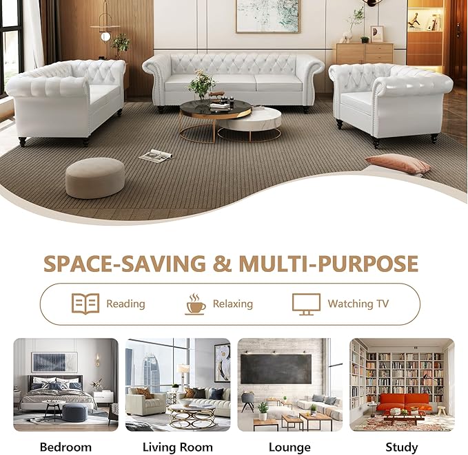2 Piece Living Room Furniture Set Faux Leather Loveseat and Chair Set Mid Century Modern Upholstered Sofa Couch with Cushions Vintage Comfy Tufted Chesterfield Couches for Bedroom Office (White)