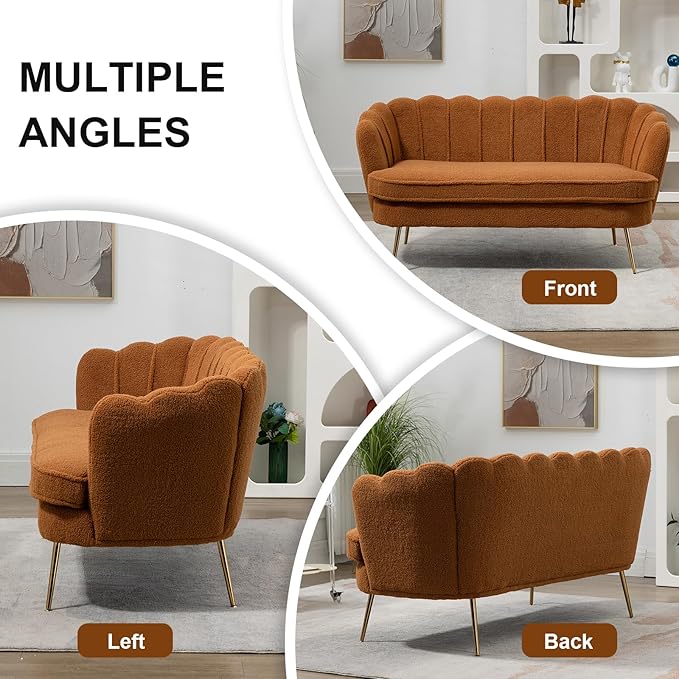 59 Wide Loveseat Sofa Boucle Upholstered Small Couch with Petal-Shaped Design Modern Leisure Sofa with Gold Metal Legs Mini Room Couch for Bedroom (Caramel-Boucle)