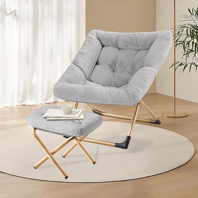 Comfy Oversized Saucer Chair with OttomanSoft Faux Fur Reading Lounge Chair for AdultsStable X-Large Metal Frame and Non-Slip PadCozy Chair for Bedroom Living Room Dorm Light Gray