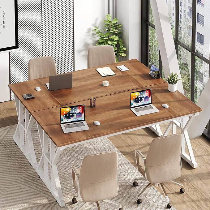 TVU Computer Desk 55 inch Large Office Desk Study Writing Table with Thicken Frame Gaming Desk Modern Simple Desk for Home Office Brown