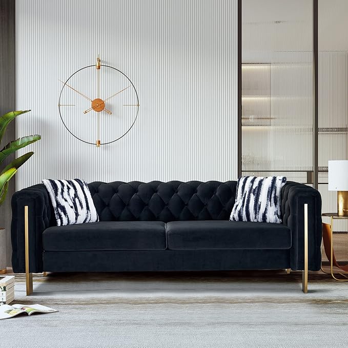 Dolonm Modern Velvet Sofa for Living Room 84 Inches Long Tufted Couch Upholstered Sofa with 2 Pillows High Arm and Metal Legs Decor Furniture for Bedroom Office (Black)