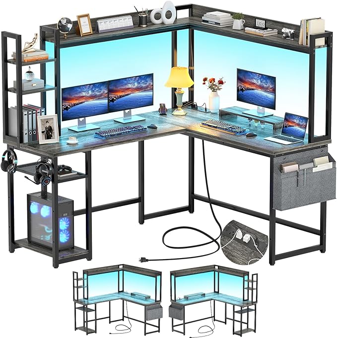 Aheaplus L Shaped Gaming Desk Reversible L Shaped Desk with Power Outlet and Led Lights Gaming Desks Corner Computer Desks with Hutch Monitor Stand and Storage Bag for Home Office Black Oak