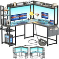 Aheaplus L Shaped Gaming Desk Reversible L Shaped Desk with Power Outlet and Led Lights Gaming Desks Corner Computer Desks with Hutch Monitor Stand and Storage Bag for Home Office Black Oak