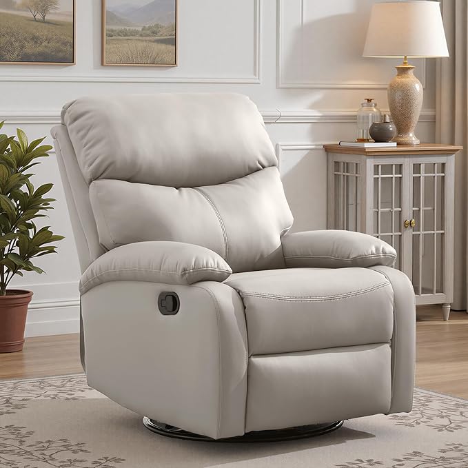 Genuine Leather Swivel Recliner Rocking Reclining Chair for Heavy Duty Adults 350LBS Manual Swivel Rocker Recliner Chair for Living Room Bedroom RV Nursery Beige