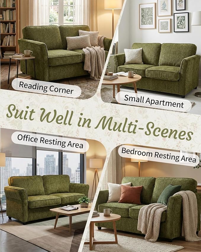 Karl home 67 Loveseat Sofa Chenille Fabric with Removable Covers Outward Arms Spring Cushion &amp Solid Wood Frame Deep Seat Couch for Small Apartment Living Room Reading Nook Bedroom Green