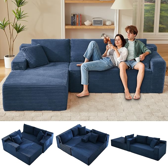 Minimalist Boneless Cloud Couches for Living Room Corduroy L Shaped Modular Sectional Sofa Couch W/Deep Seat &amp High-Back Comfy Memory Foam Couch Sofa in A Box (Blue Left Facing Chaise)